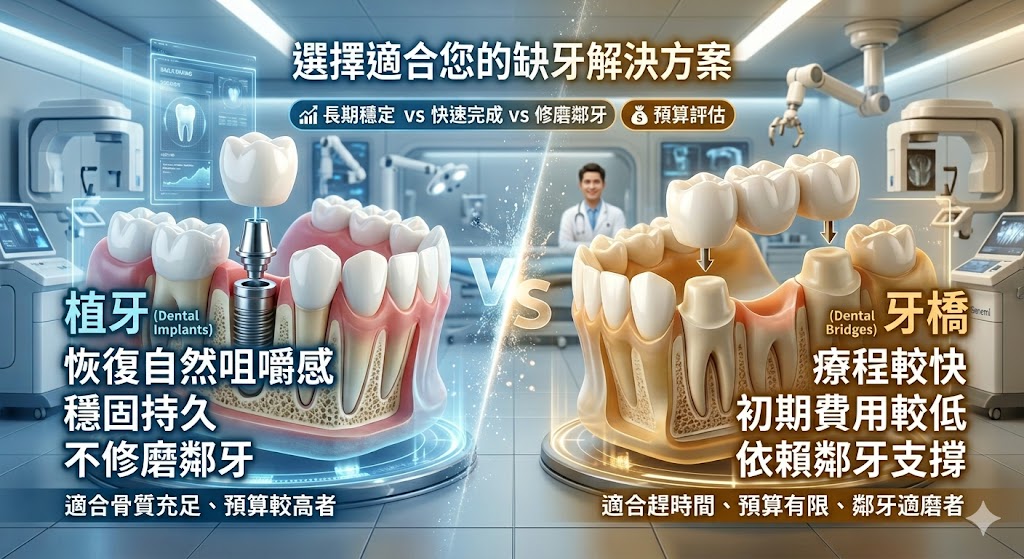 植牙是常見的缺牙重建方式,適合希望恢復咀嚼功能、維持固定感並降低鄰牙修磨需求的人。本文整理植牙與牙橋的差異,包含治療方式、費用、療程時間、適合族群與常見缺點,幫助正在評估缺牙治療的人快速判斷方向。若你正在比較植牙方案,建議先了解骨質條件、牙周狀況、牙冠材質與後續保養需求,再由牙醫師評估適合的治療方式,避免只看價格而忽略長期穩定性。