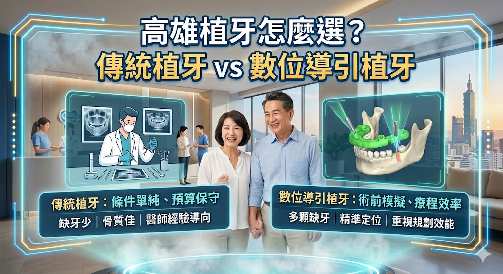 高雄植牙怎麼選才適合？本文整理傳統植牙與數位導引植牙的差異、費用影響因素、適合族群、療程時間與診所挑選重點，幫助缺牙患者從預算、骨質條件、治療效率與長期保養角度做判斷。想了解高雄植牙推薦方式，不應只比較單顆價格，也要重視術前檢查、醫師經驗、植體品牌、假牙材質與術後追蹤，才能找到更符合自身口腔狀況的植牙規劃。
